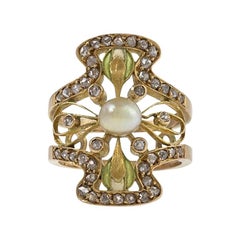 Art Nouveau Diamond Pearl Plique-a-jour Enamel Ring