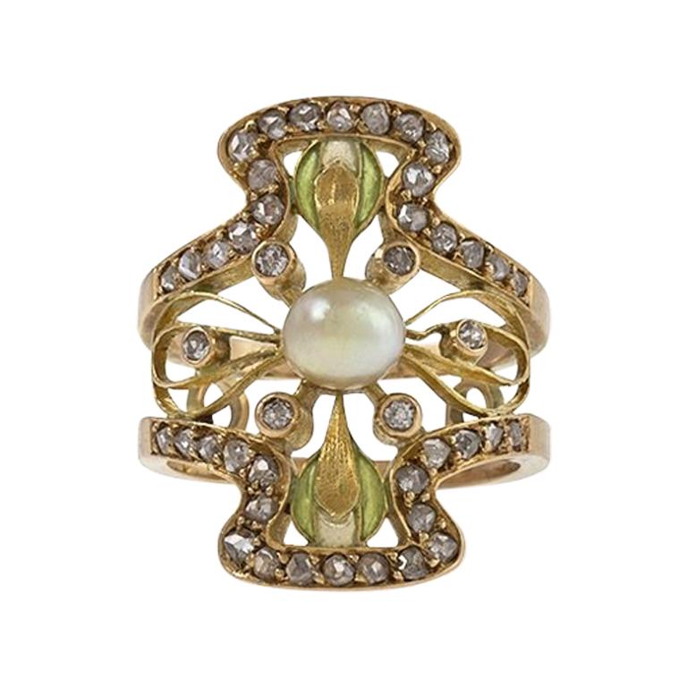 Art Nouveau Diamond Pearl Plique-a-jour Enamel Ring at 1stDibs