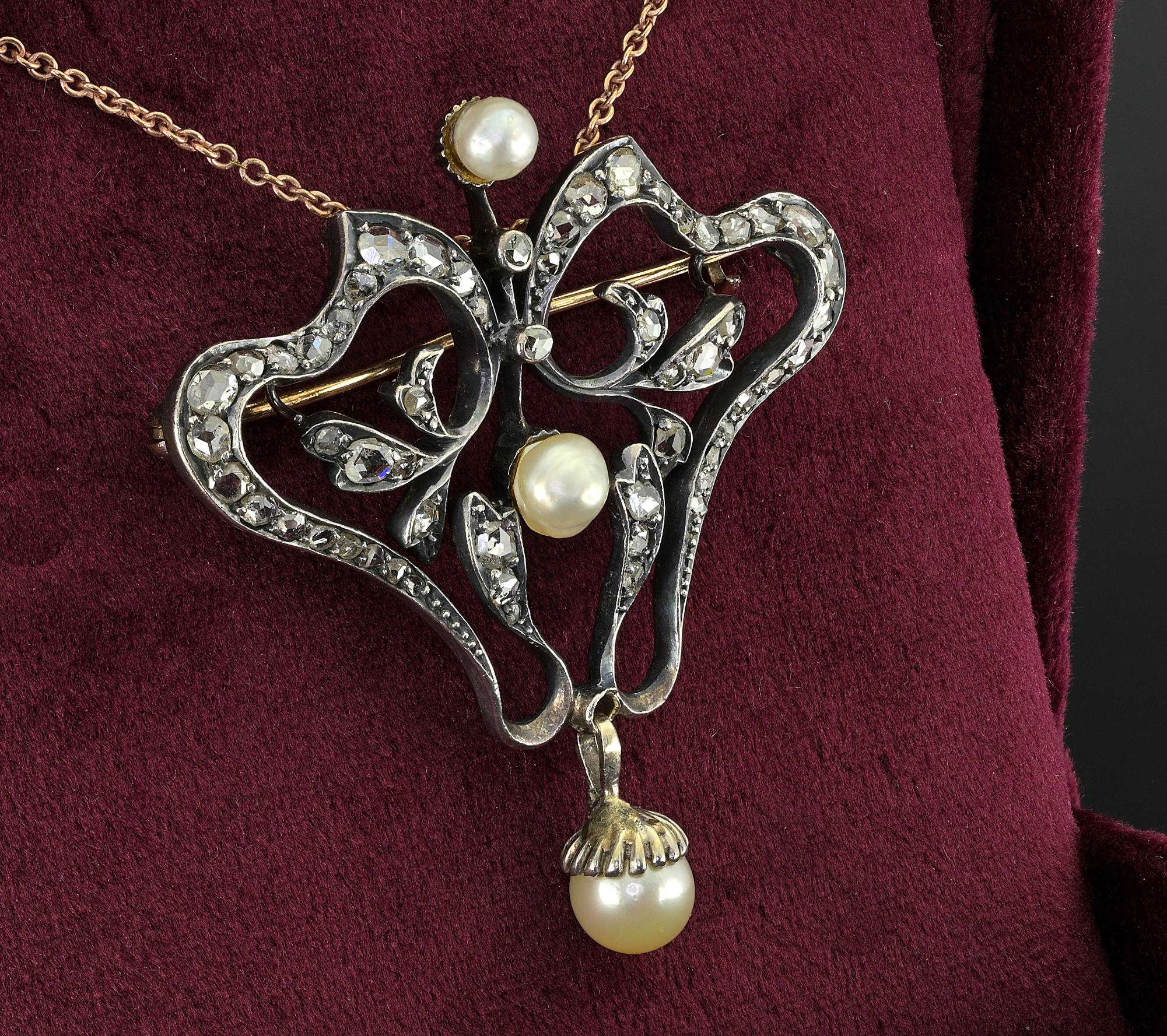 Art Nouveau Diamond Pearl Rare Brooch Pendant 18 KT/Silver For Sale 3