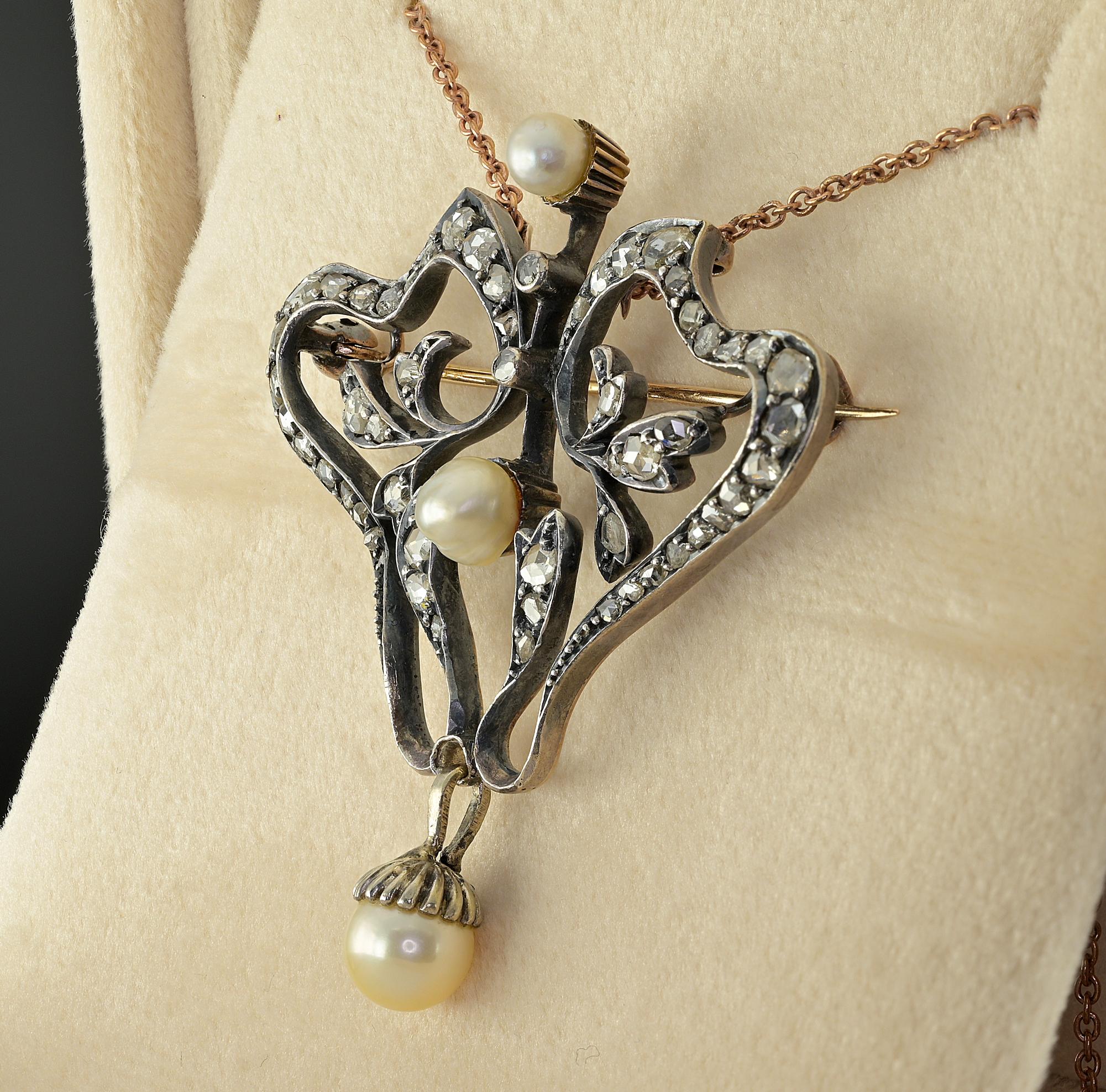 Art Nouveau Diamond Pearl Rare Brooch Pendant 18 KT/Silver For Sale 4