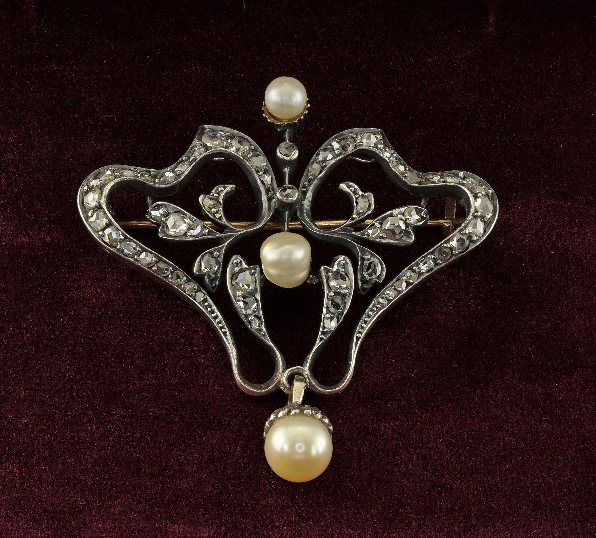 An authentic Art Nouveau period lavaliere brooch, hand crafted during 1900 ca of solid 18 KT gold topped by silver
Sinuous curve-linear forms given and the leaf work interlaced in a classic design which made Art Nouveau so unique and desirable