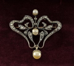 Art Nouveau Diamond Pearl Rare Brooch Pendant 18 KT/Silver