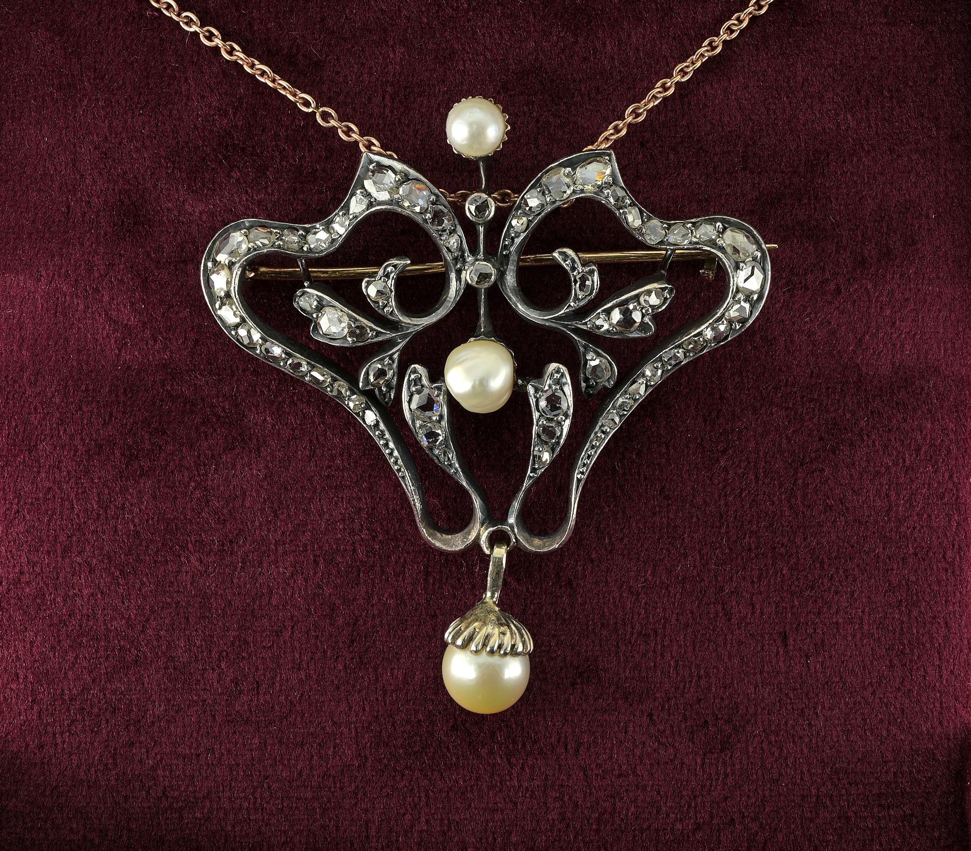 Ciondolo spilla Art Nouveau con diamante e perla 18 KT/argento In condizioni buone in vendita a Napoli, IT