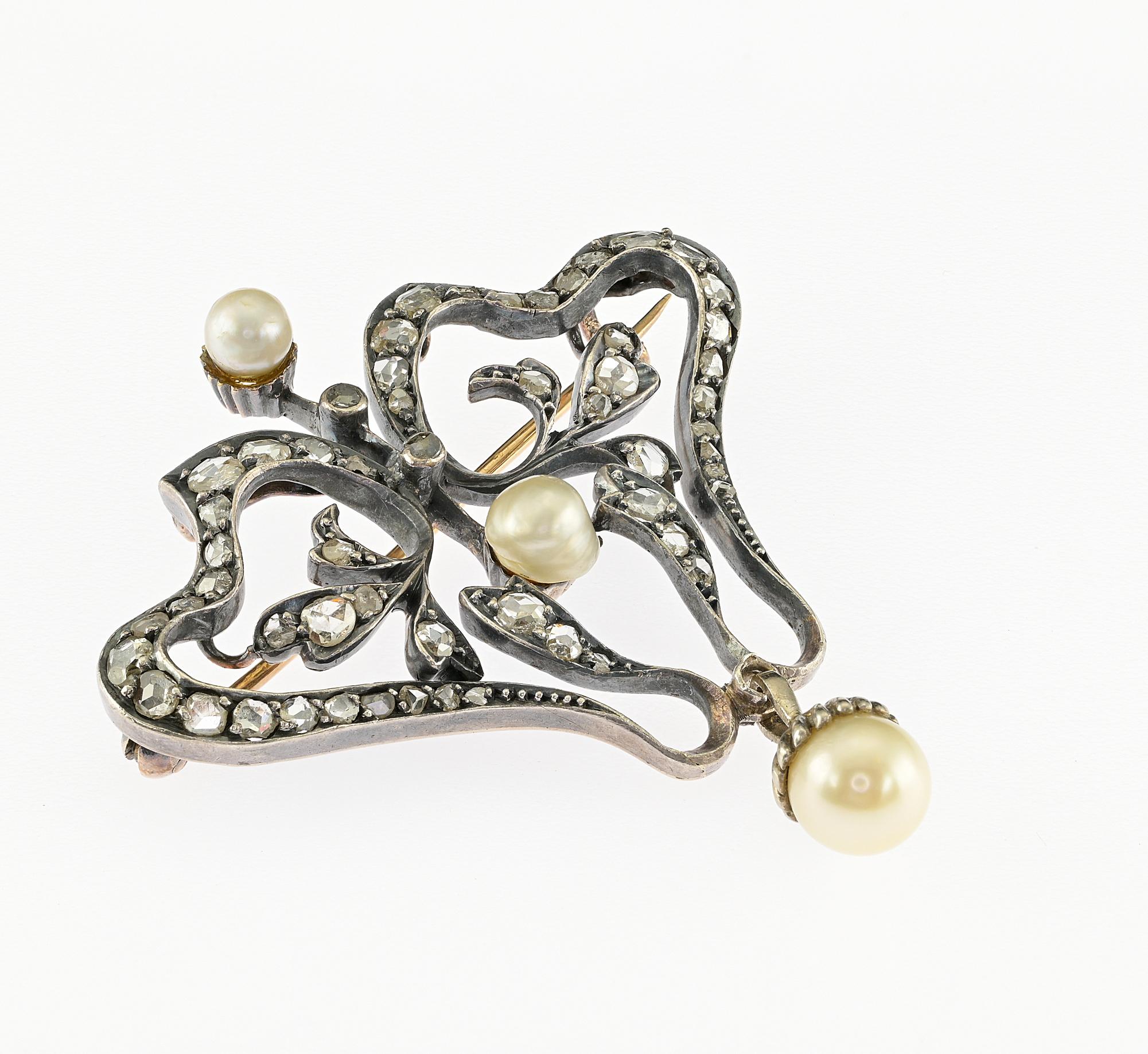 Rose Cut Art Nouveau Diamond Pearl Rare Brooch Pendant 18 KT/Silver For Sale