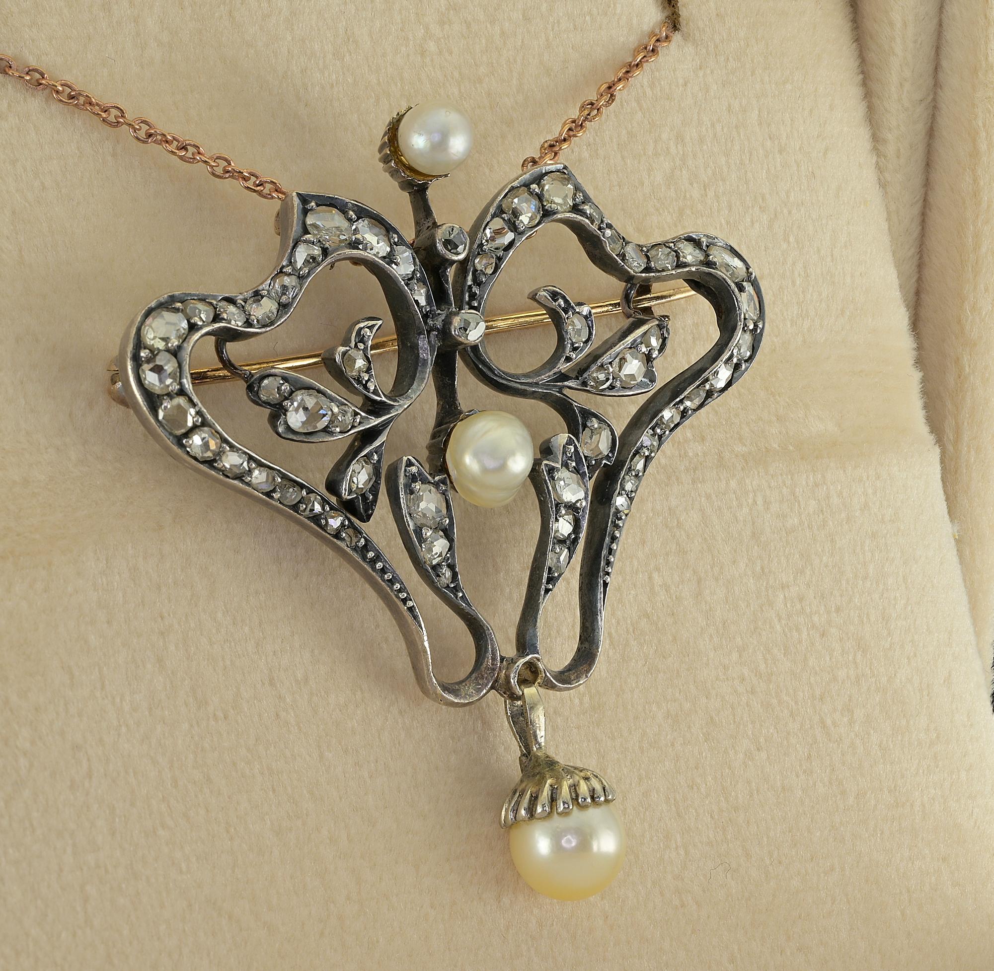 Women's Art Nouveau Diamond Pearl Rare Brooch Pendant 18 KT/Silver For Sale