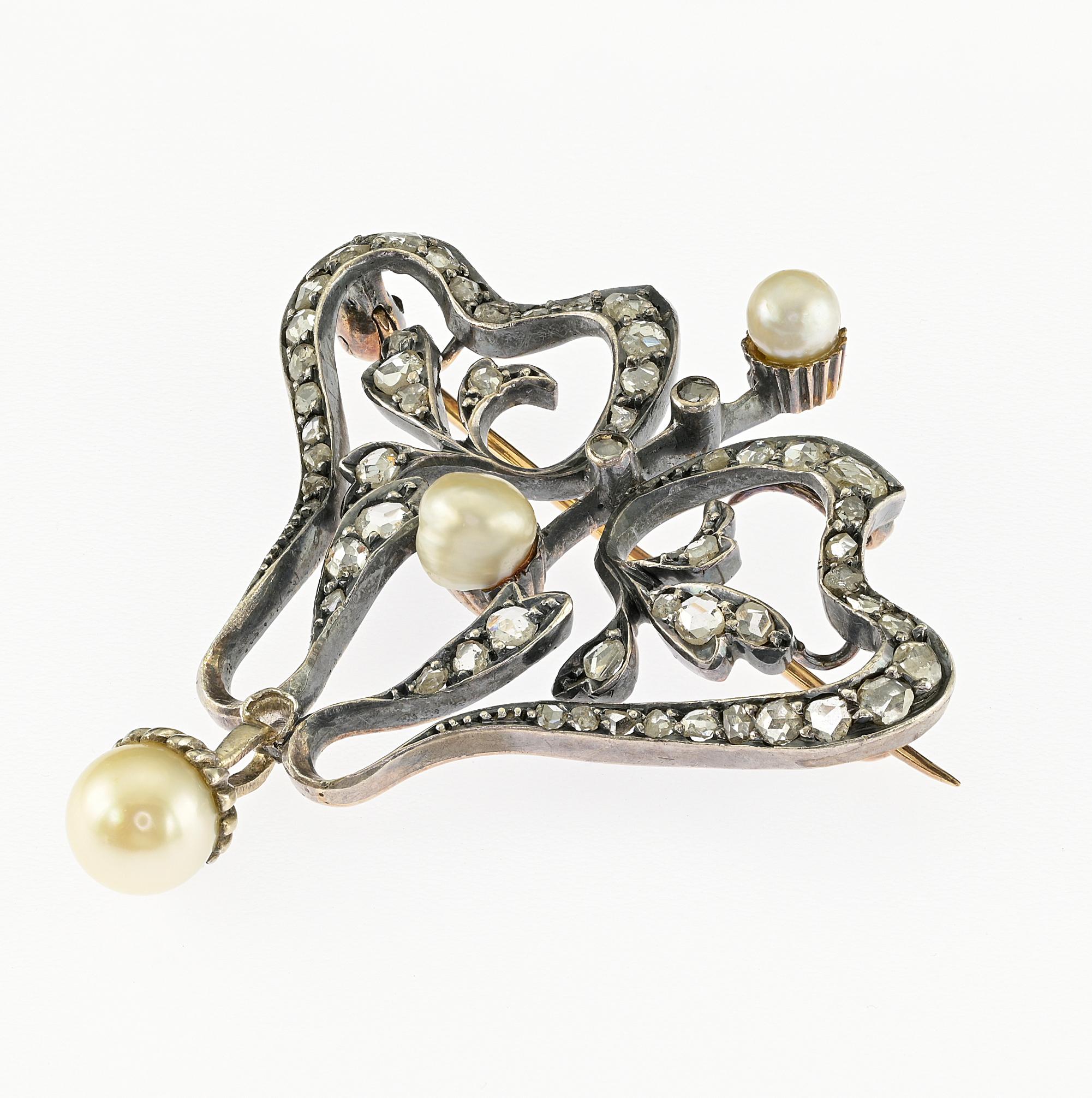 Art Nouveau Diamond Pearl Rare Brooch Pendant 18 KT/Silver For Sale 1