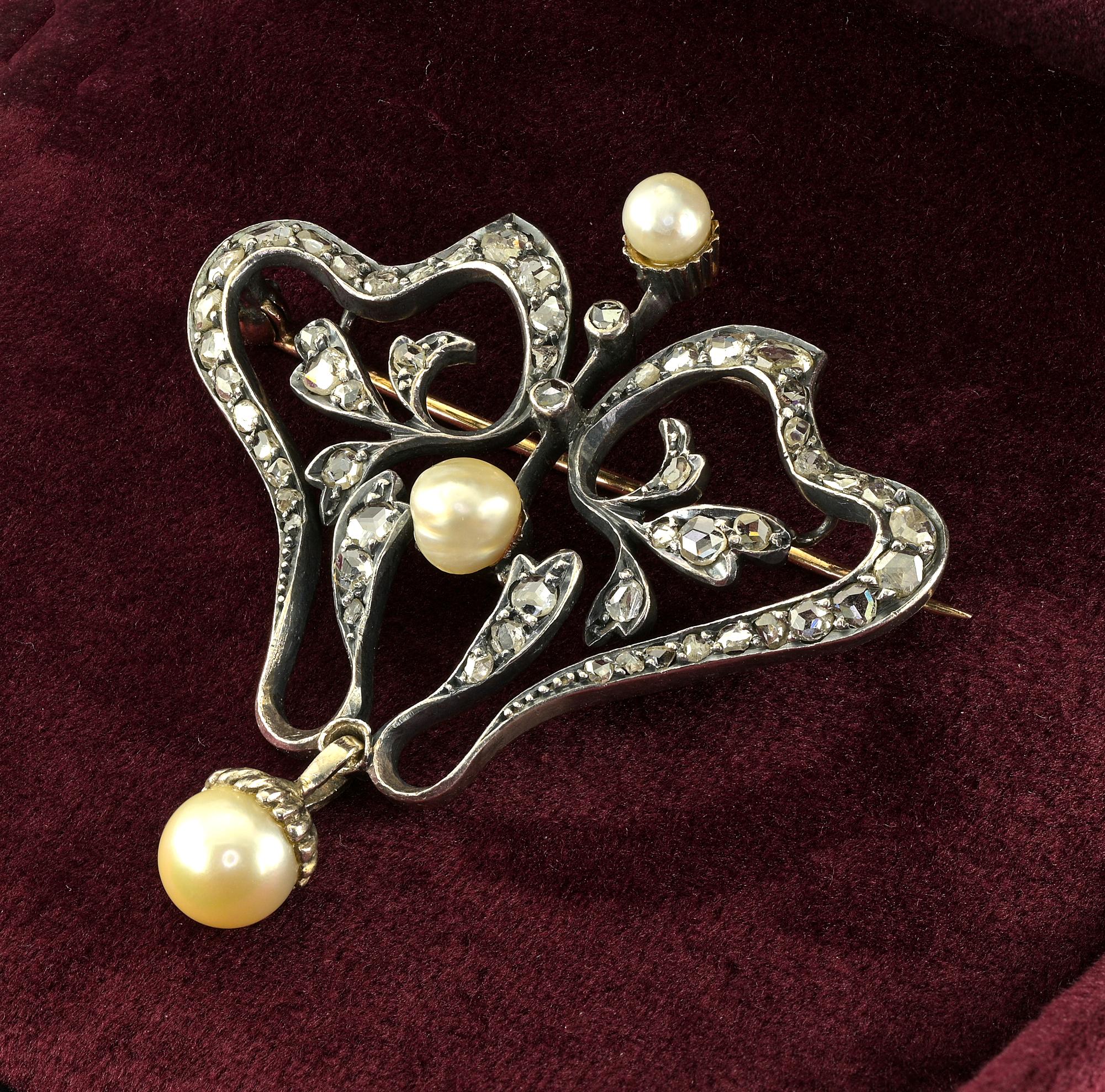 Art Nouveau Diamond Pearl Rare Brooch Pendant 18 KT/Silver For Sale 2