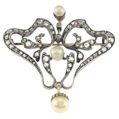Pendentif broche rare Art Nouveau en or 18 carats avec diamants et perle