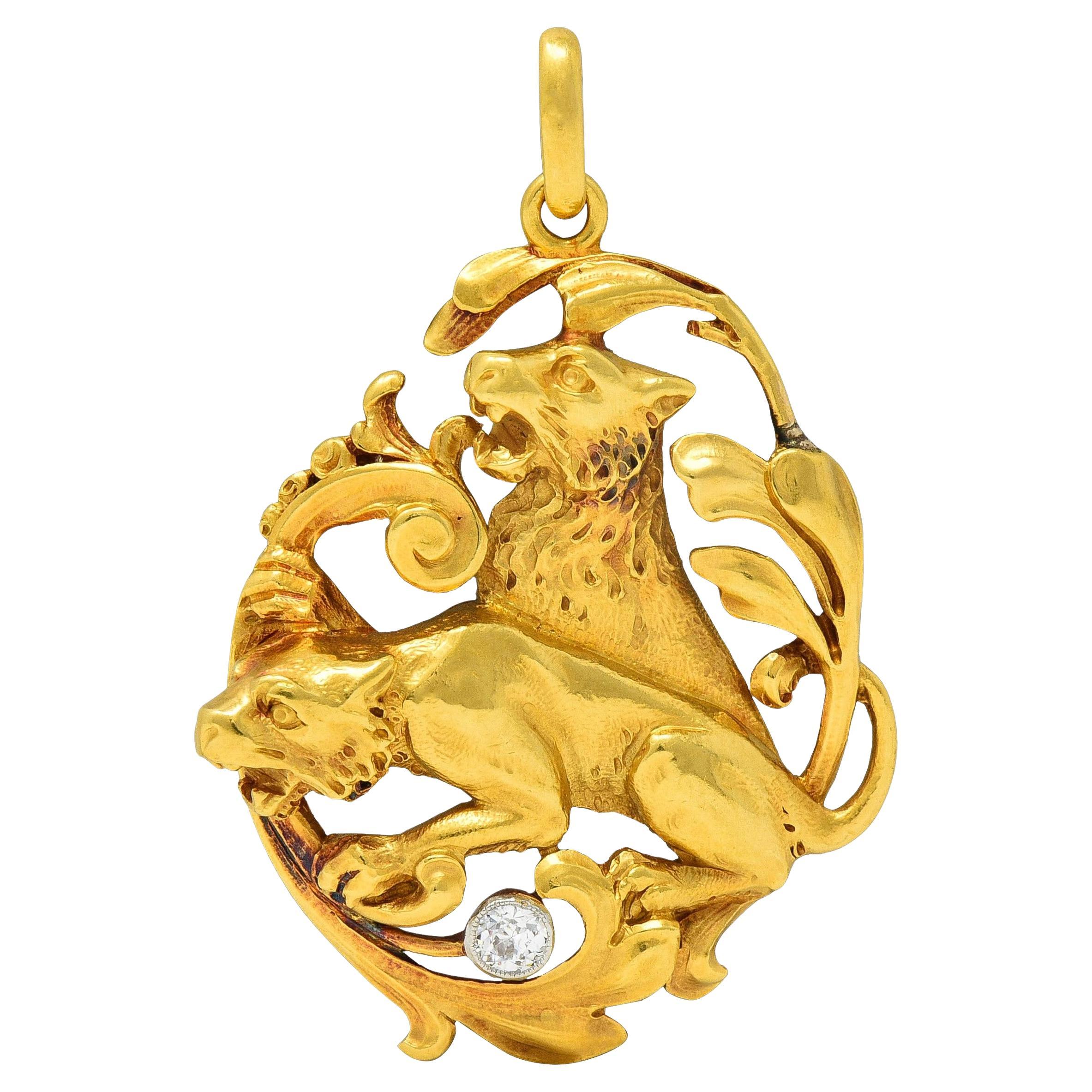 Art Nouveau Diamond Platinum 18 Karat Yellow Gold Antique Lion Pendant