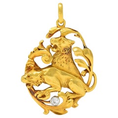Art Nouveau Diamond Platinum 18 Karat Yellow Gold Antique Lion Pendant
