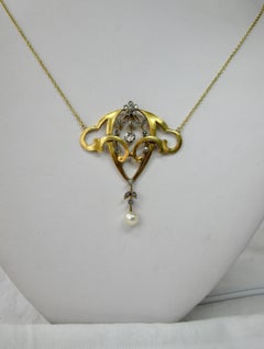Art Nouveau Diamond Platinum Pearl Flower Necklace Belle Époque Pendant