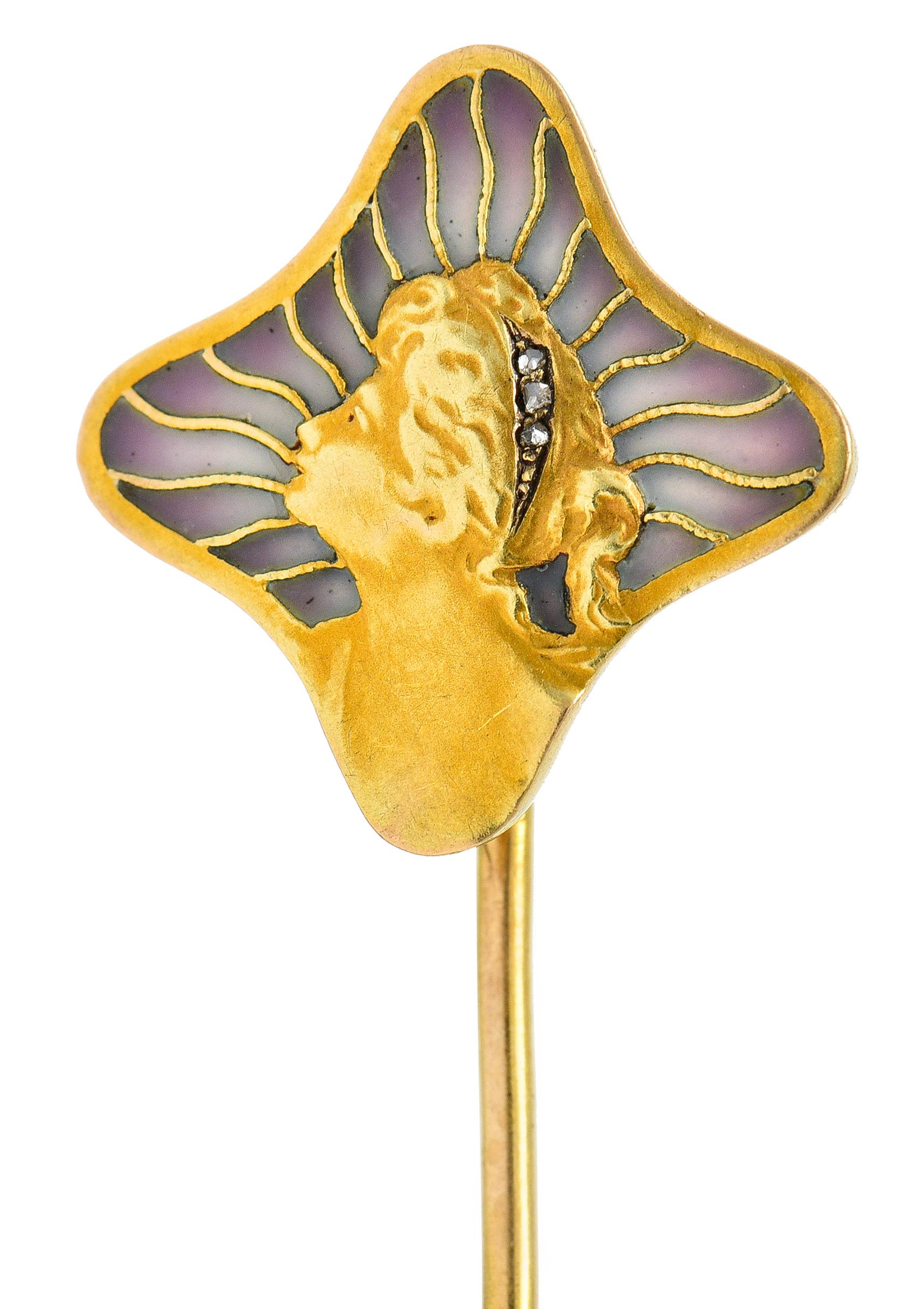 Art Nouveau Diamond Plique-A-Jour Enamel 18 Karat Gold Gibson Girl Stickpin For Sale 1