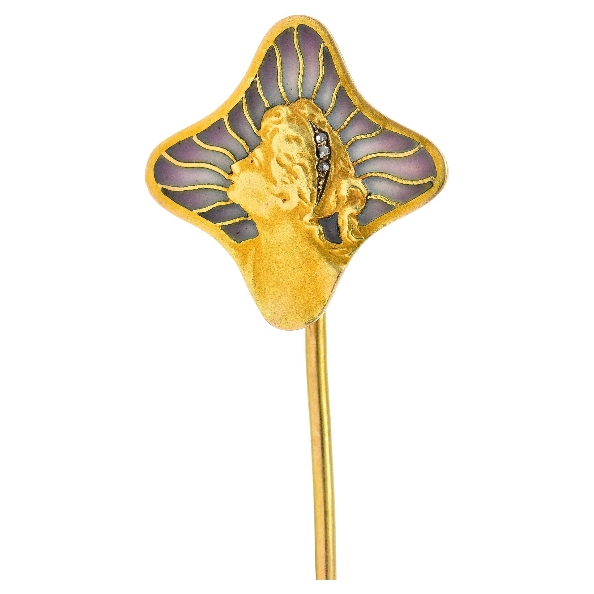 Épingle à nourrice Gibson Girl Art Nouveau en or 18 carats, émail et diamants en forme d'épingle à nourrice en forme de plique-à-jour