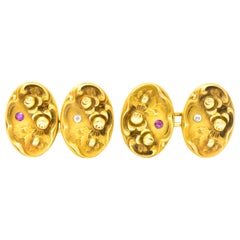 Art Nouveau Diamond Ruby 14 Karat Gold Floral Cufflinks