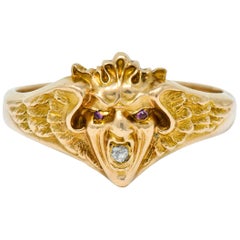 Art Nouveau Diamond Ruby 14 Karat Gold Winged Green Man Band Ring