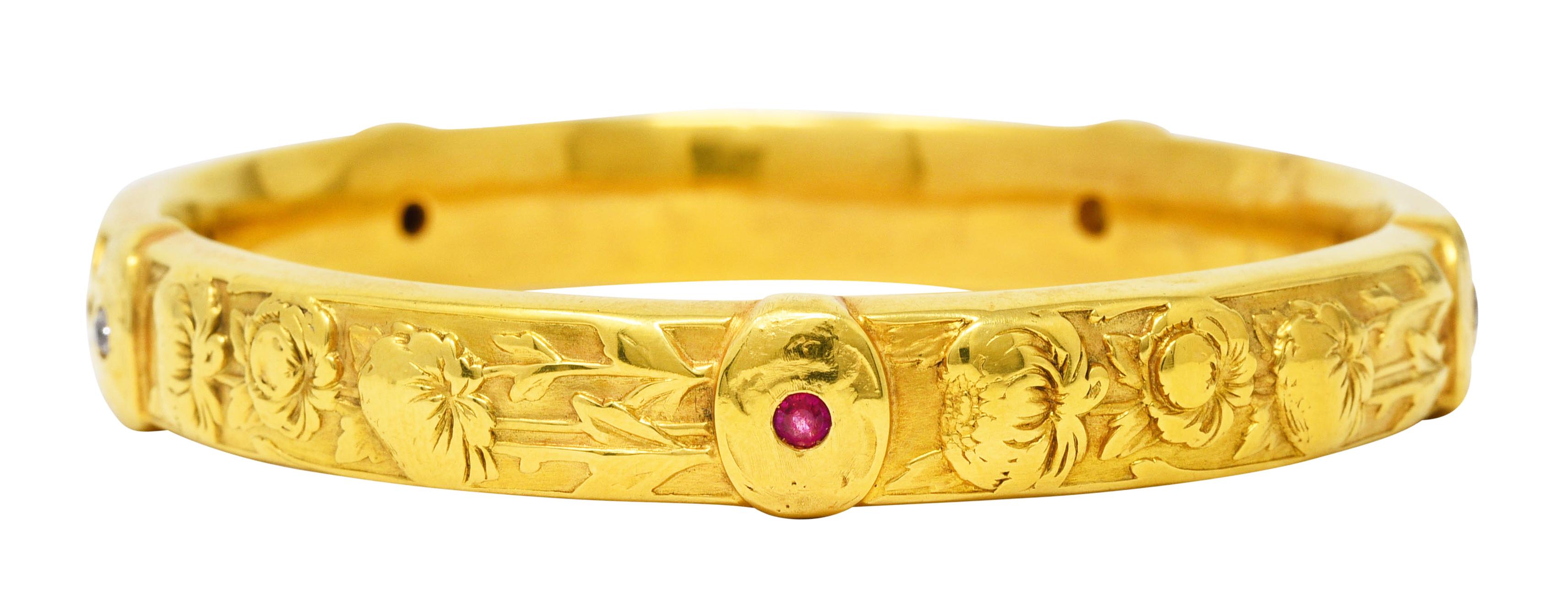 Art Nouveau Diamond Ruby 18 Karat Yellow Gold Floral Peony Antique Bangle Bracel In Excellent Condition In Philadelphia, PA