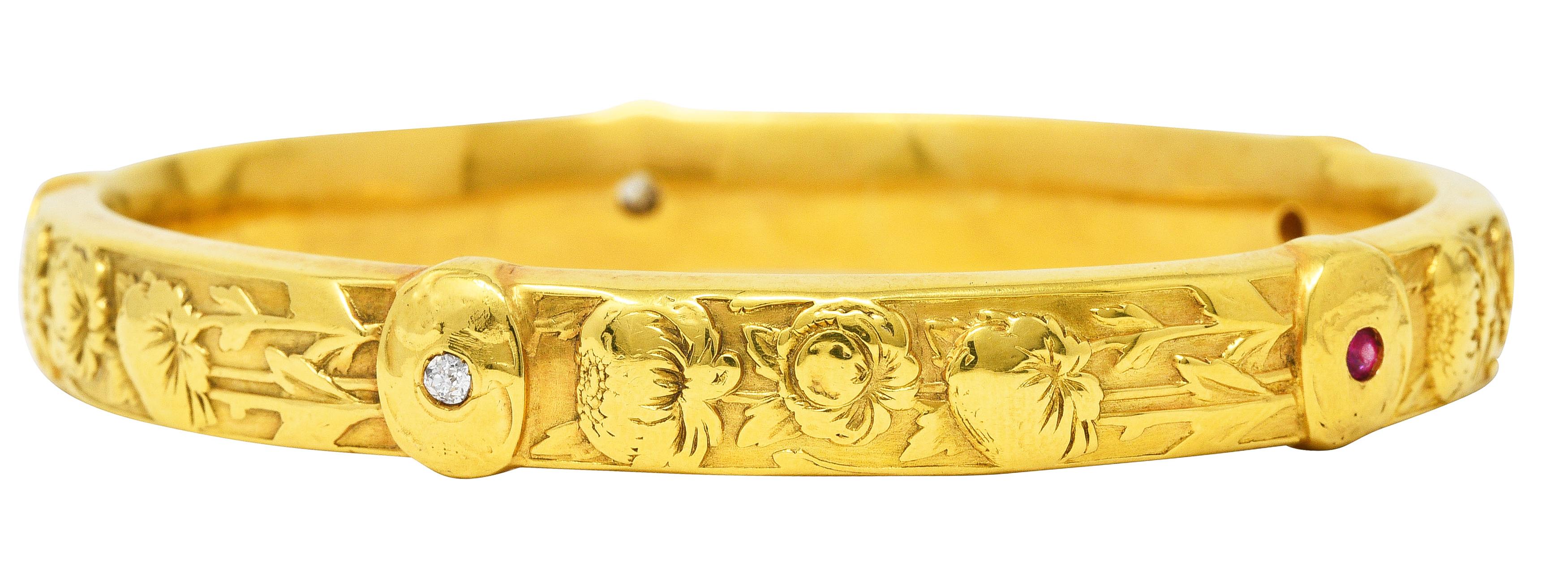 Women's or Men's Art Nouveau Diamond Ruby 18 Karat Yellow Gold Floral Peony Antique Bangle Bracel