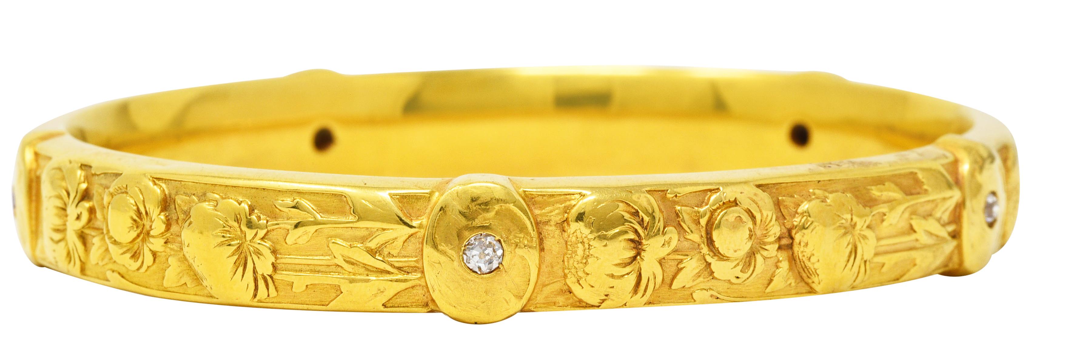 Art Nouveau Diamond Ruby 18 Karat Yellow Gold Floral Peony Antique Bangle Bracel 2