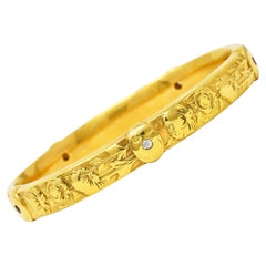 Art Nouveau Diamond Ruby 18 Karat Yellow Gold Floral Peony Antique Bangle Bracel