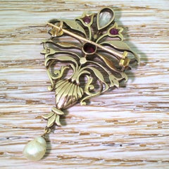 Art Nouveau Diamond, Ruby and Natural Pearl Brooch, circa 1890