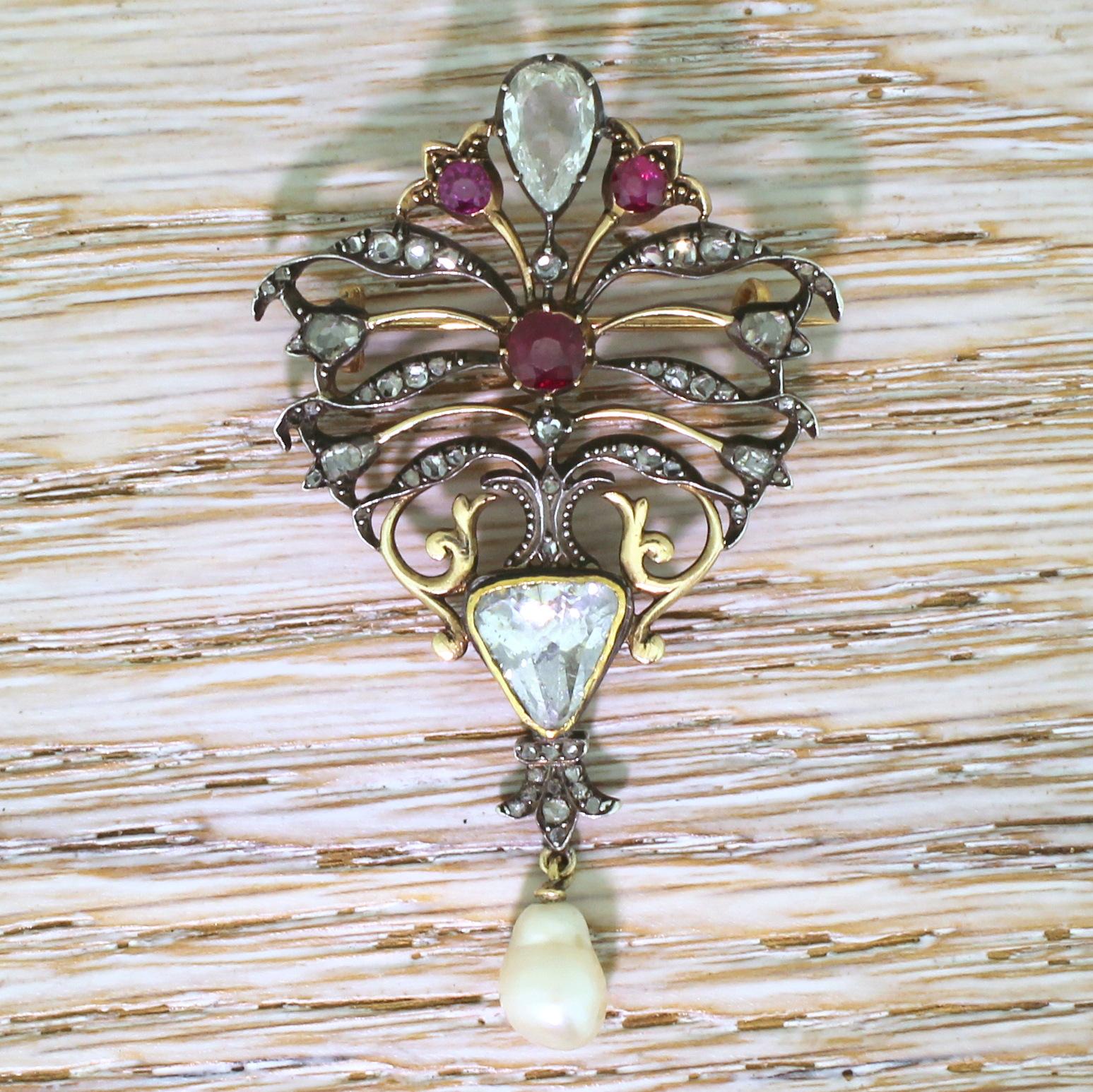 Art Nouveau Diamond, Ruby and Natural Pearl Brooch, circa 1890 In Excellent Condition For Sale In Essex, GB