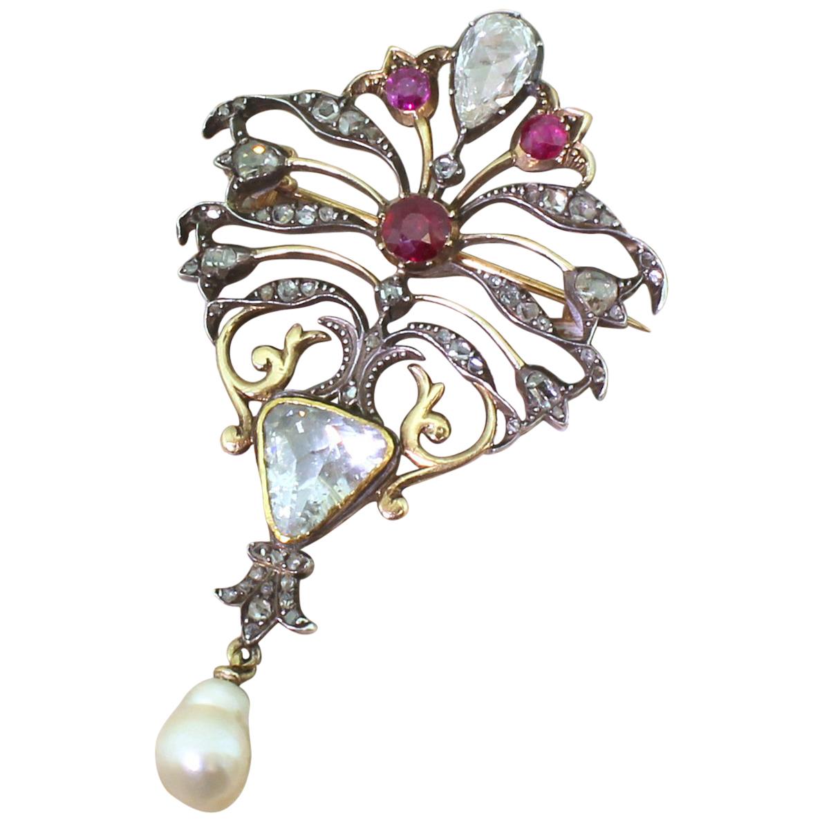 Art Nouveau Diamond, Ruby and Natural Pearl Brooch, circa 1890 For Sale