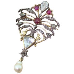 Antique Art Nouveau Diamond, Ruby and Natural Pearl Brooch, circa 1890