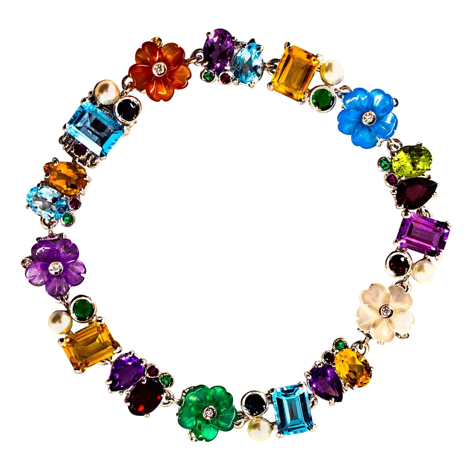 Jugendstil-Blumenarmband aus Weißgold mit Diamanten, Rubinen, Smaragden, blauen Saphiren und Perlen