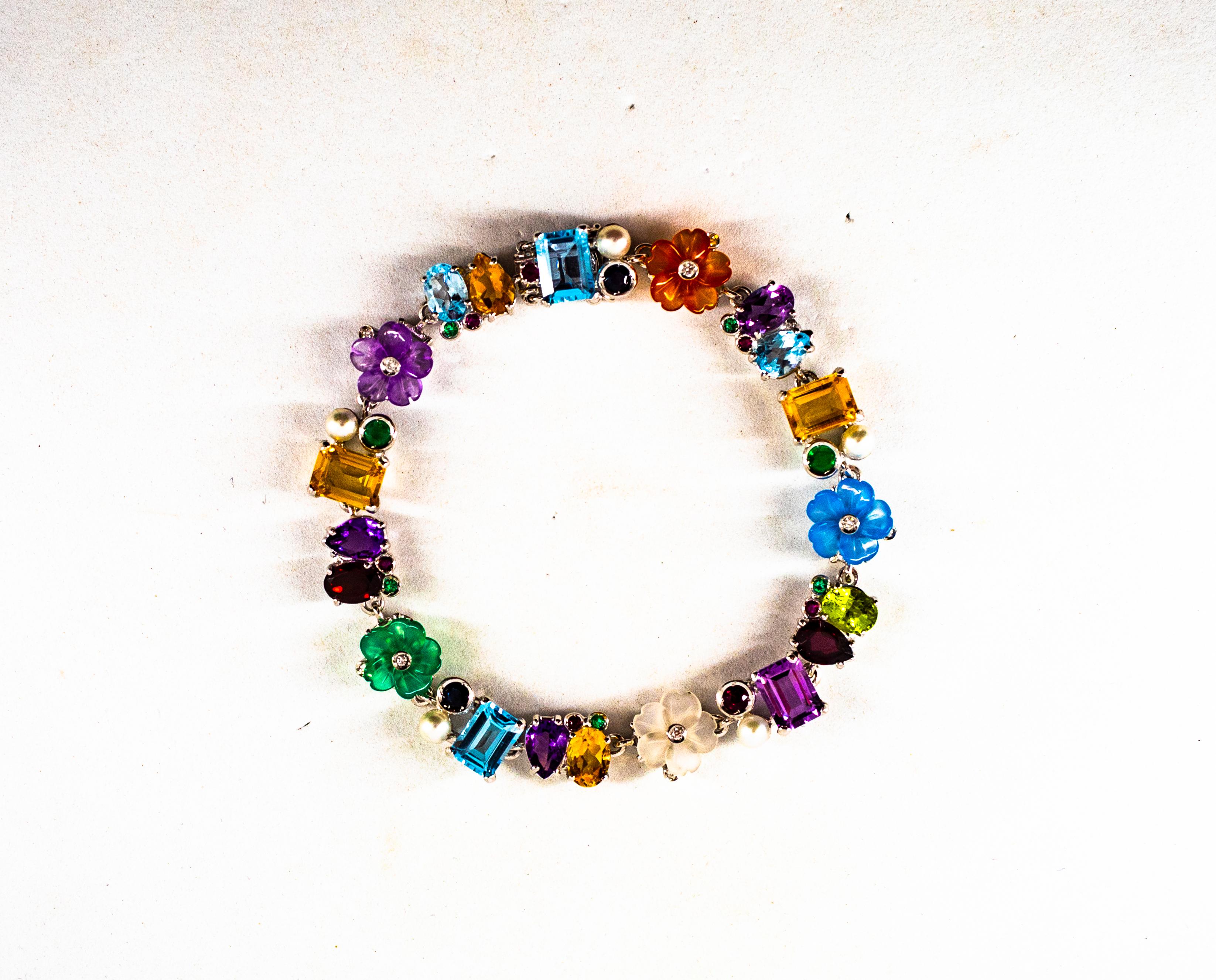 Art Nouveau Diamond Ruby Emerald Blue Sapphire White Gold Plate Flowers Bracelet For Sale 6