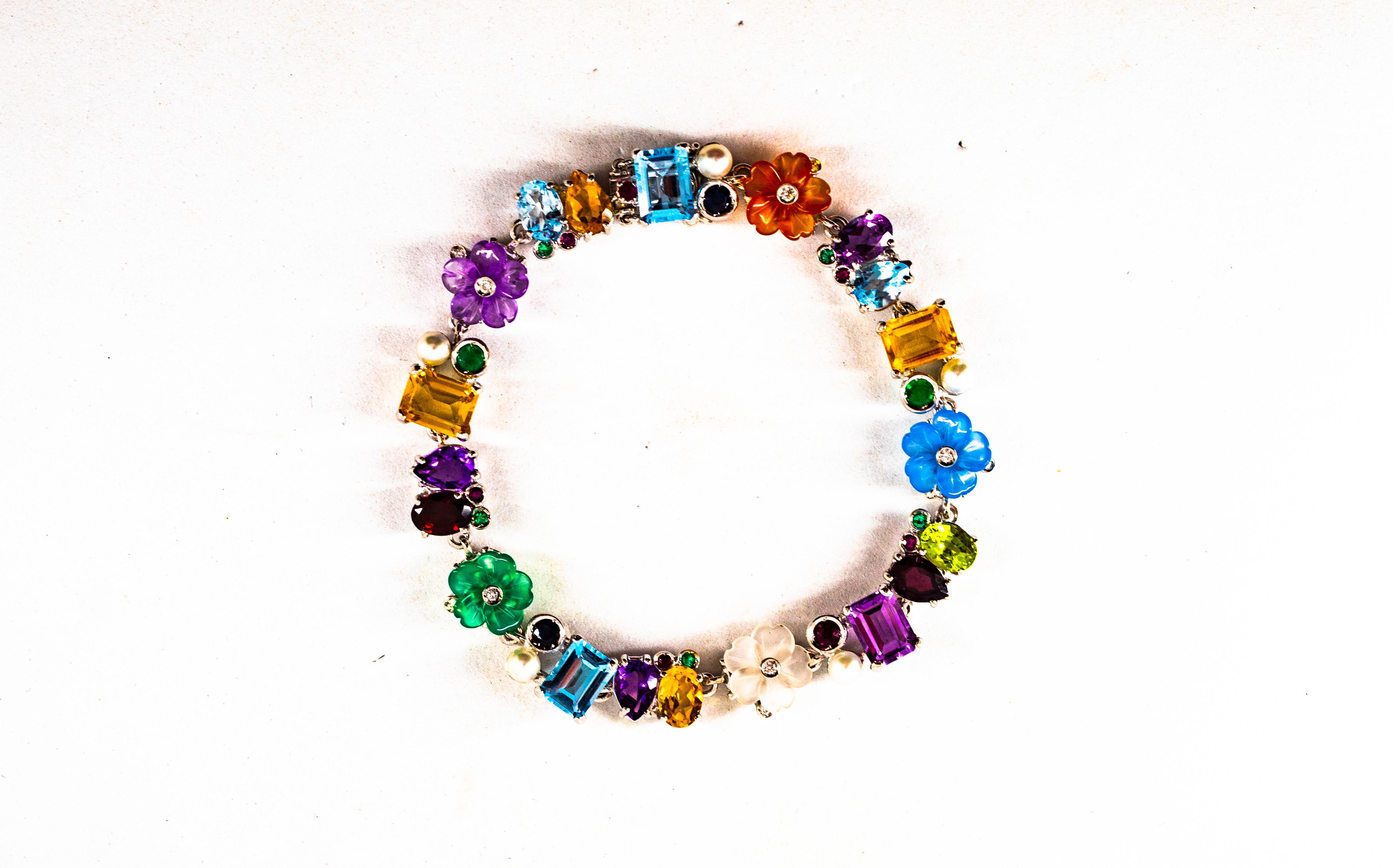 Art Nouveau Diamond Ruby Emerald Blue Sapphire White Gold Plate Flowers Bracelet For Sale 7