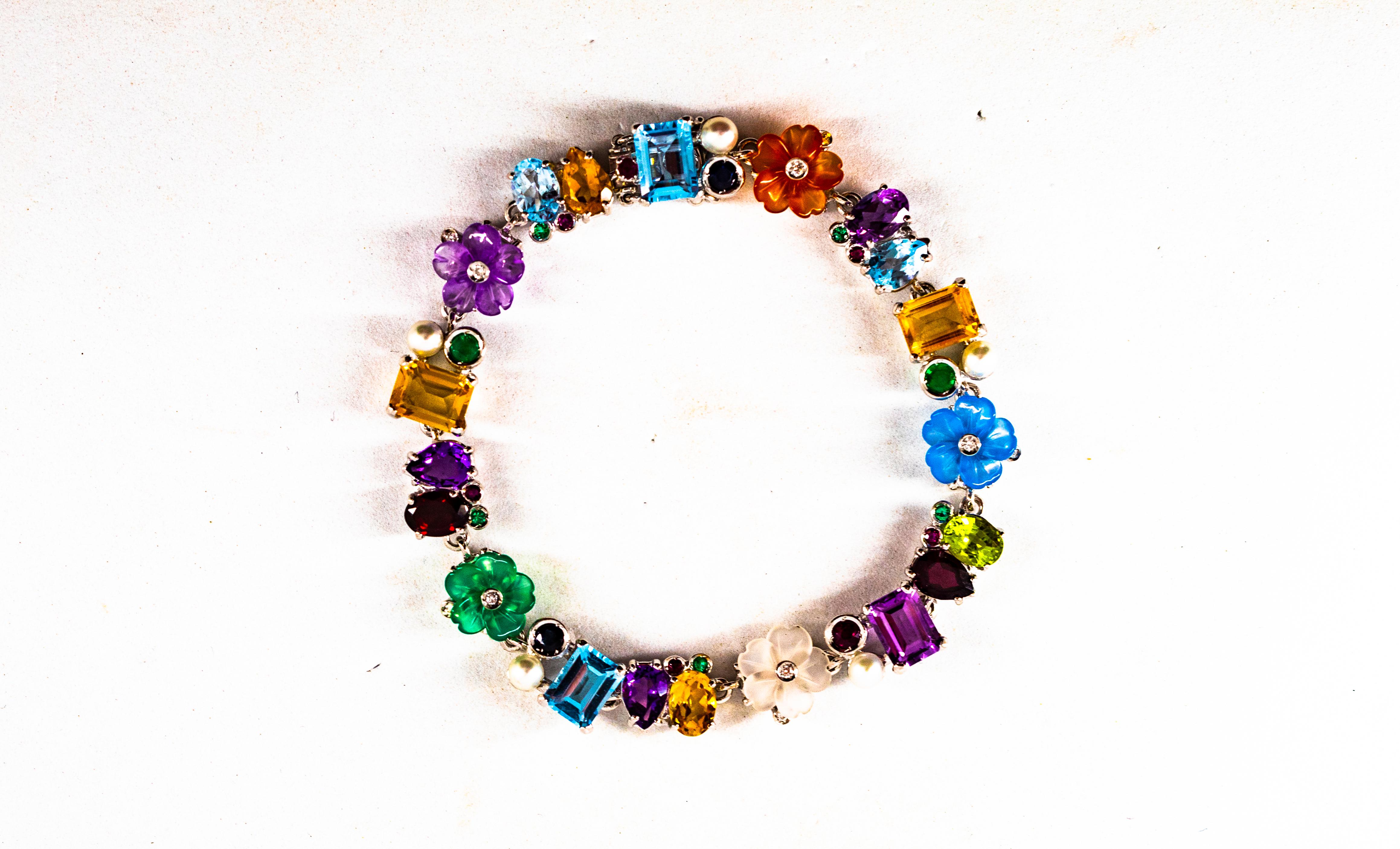Art Nouveau Diamond Ruby Emerald Blue Sapphire White Gold Plate Flowers Bracelet For Sale 8