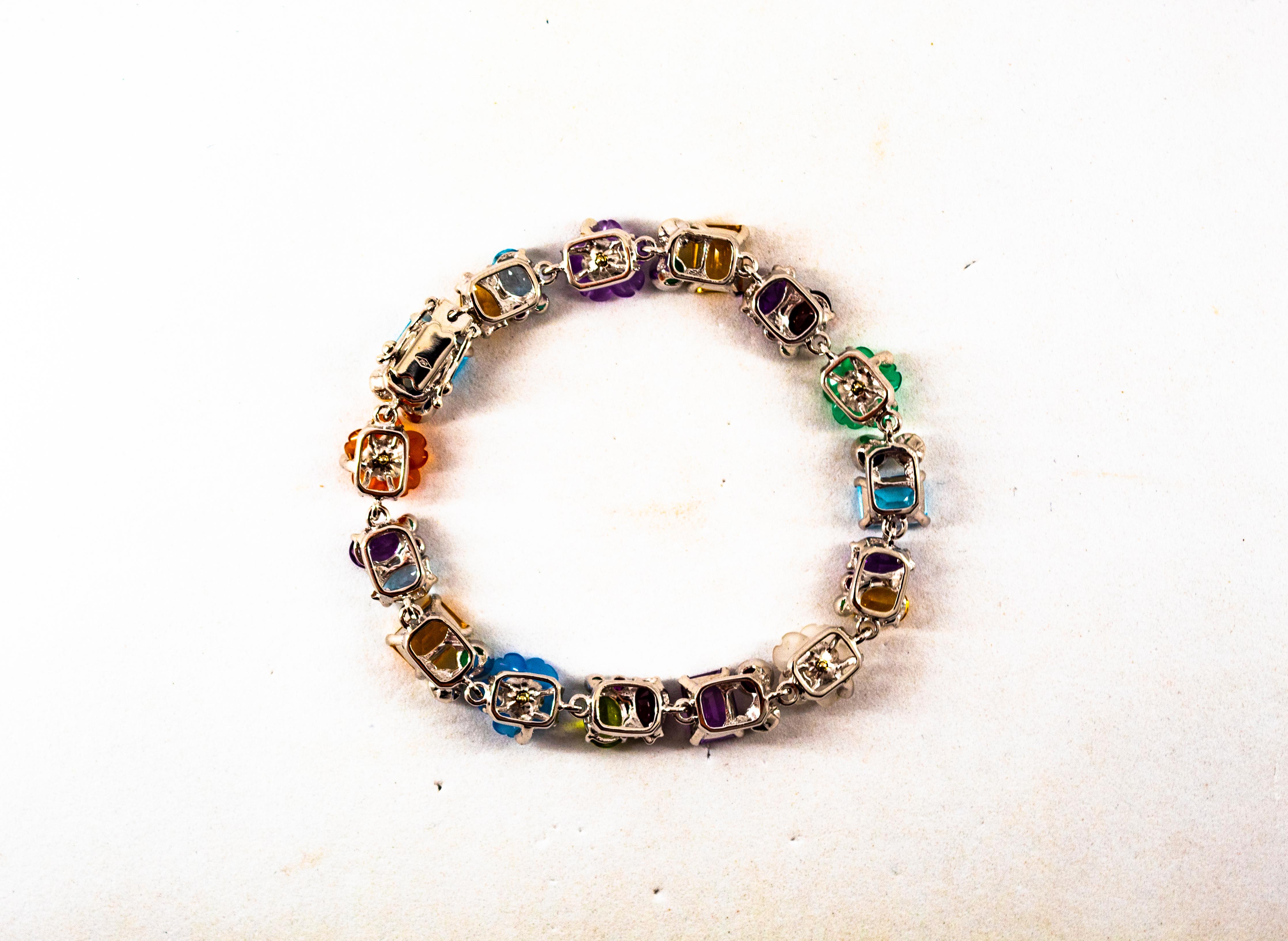 Art Nouveau Diamond Ruby Emerald Blue Sapphire White Gold Plate Flowers Bracelet For Sale 9