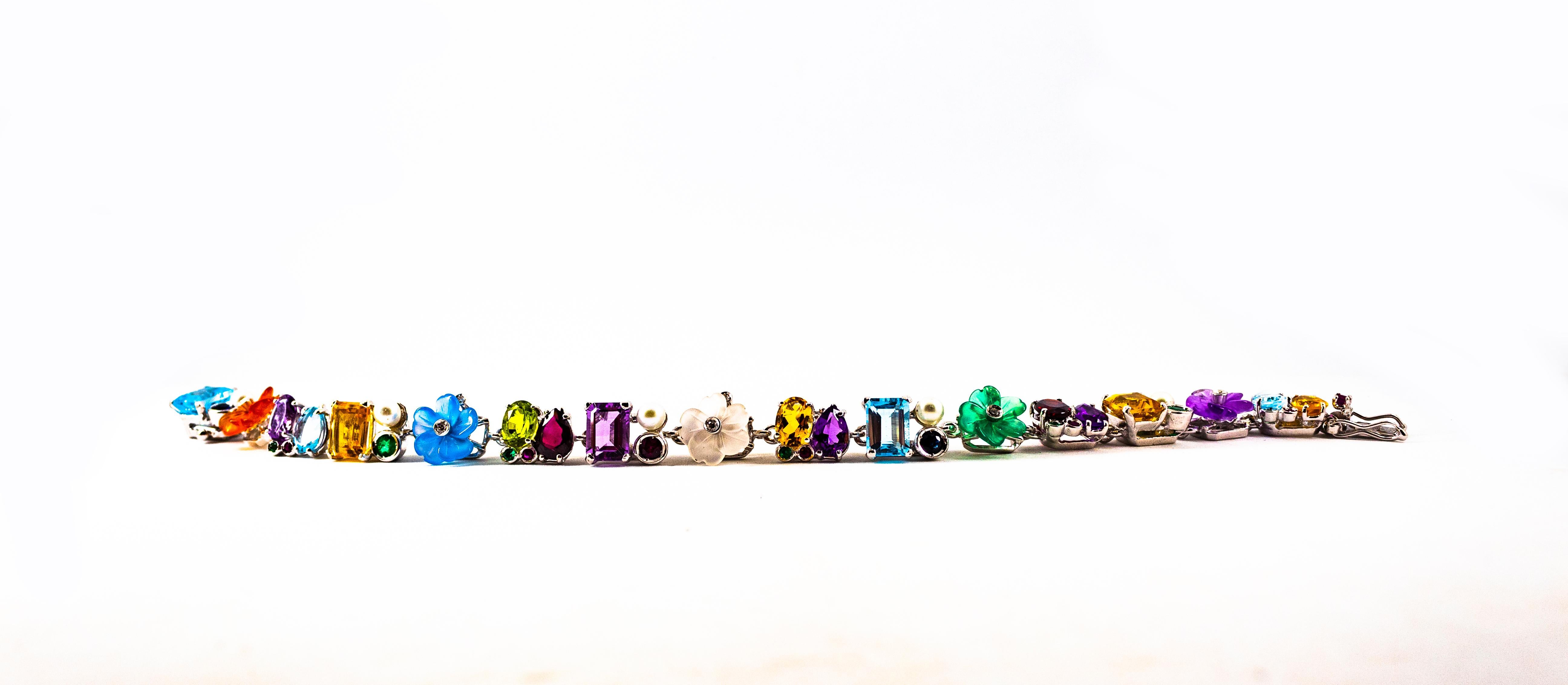 Art Nouveau Diamond Ruby Emerald Blue Sapphire White Gold Plate Flowers Bracelet For Sale 1
