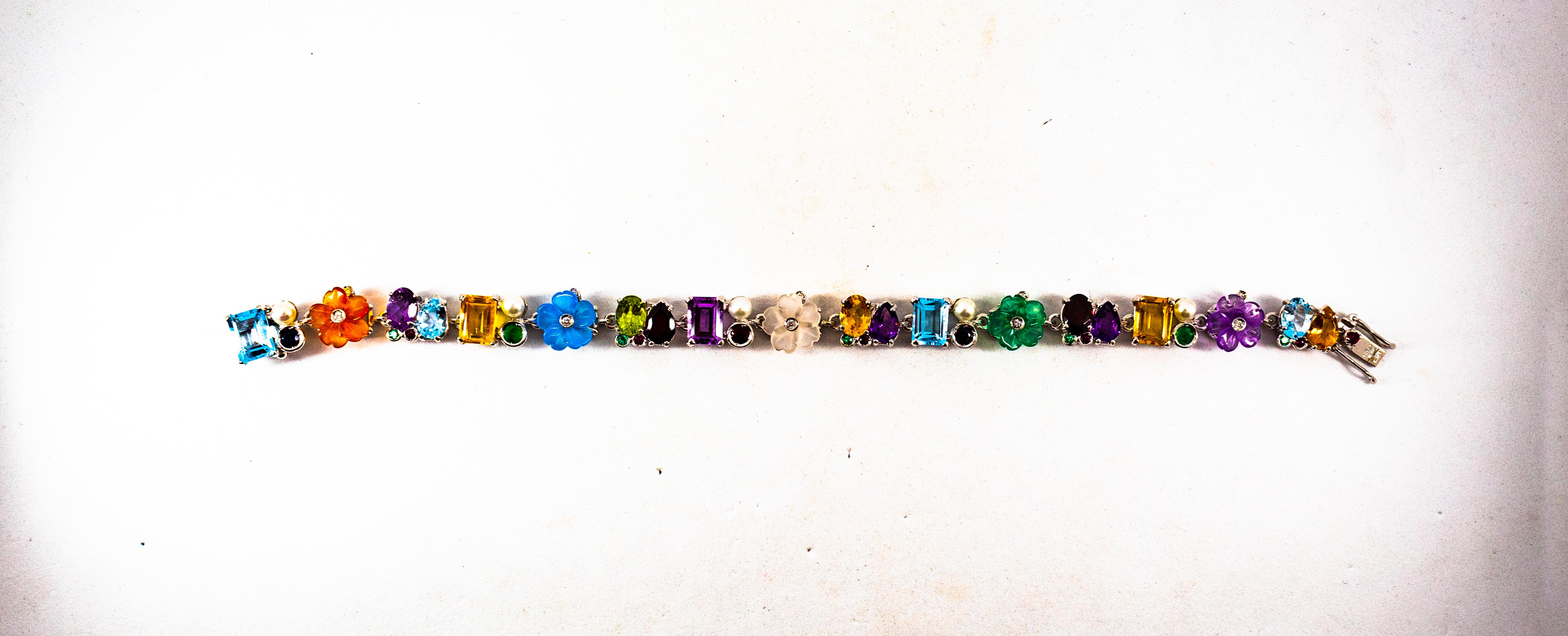 Art Nouveau Diamond Ruby Emerald Blue Sapphire White Gold Plate Flowers Bracelet For Sale 3