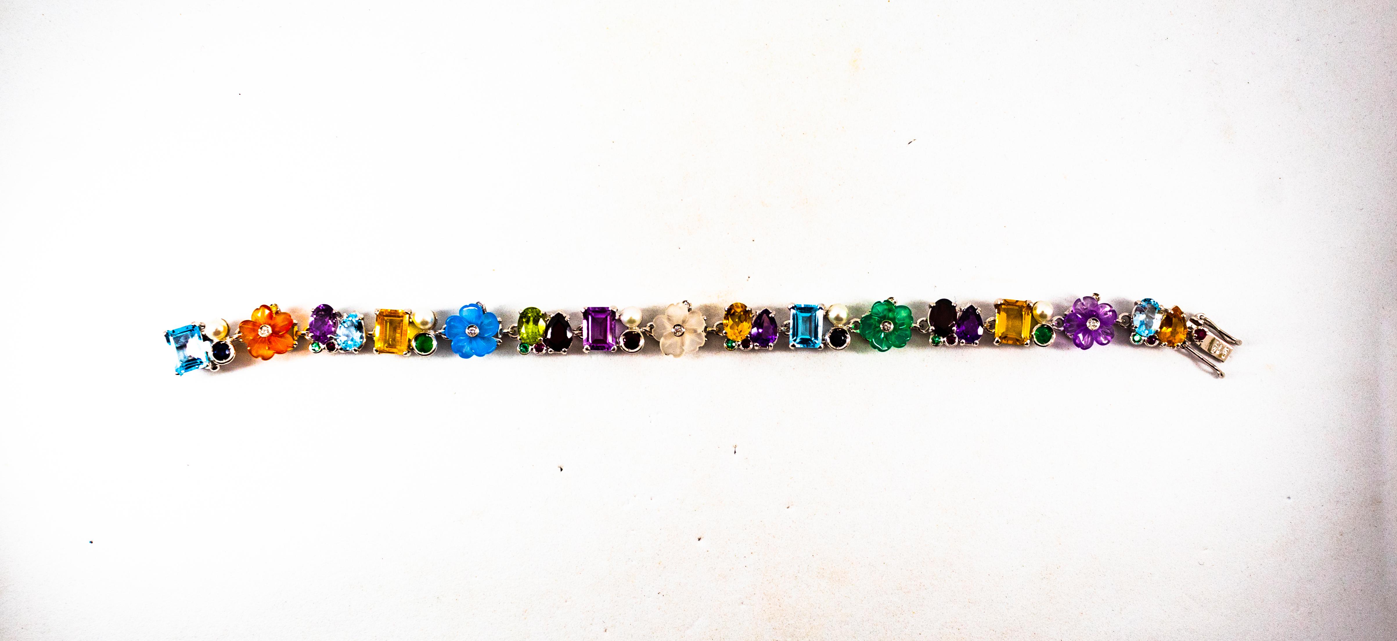 Art Nouveau Diamond Ruby Emerald Blue Sapphire White Gold Plate Flowers Bracelet For Sale 4