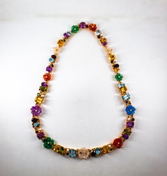 Art Nouveau Diamond Ruby Emerald Sapphire Amethyst Yellow Gold Flowers Necklace