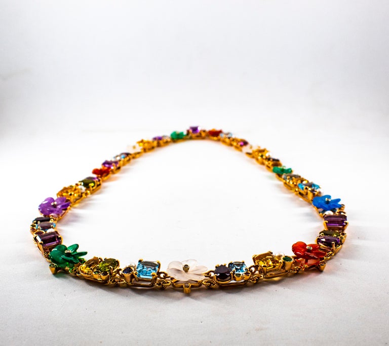 Women's or Men's Art Nouveau Diamond Ruby Emerald Sapphire Amethyst Yellow Gold Flowers Necklace For Sale