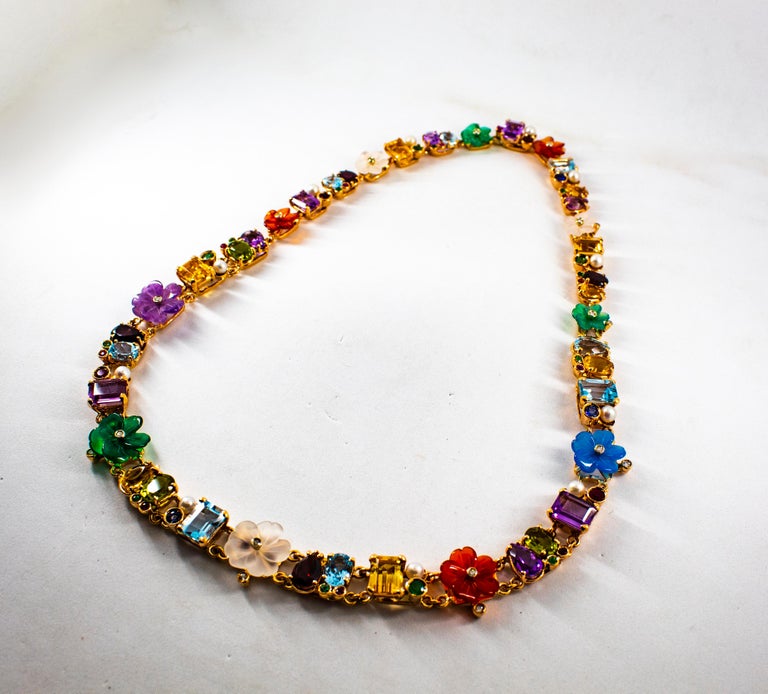 Art Nouveau Diamond Ruby Emerald Sapphire Amethyst Yellow Gold Flowers Necklace For Sale 1