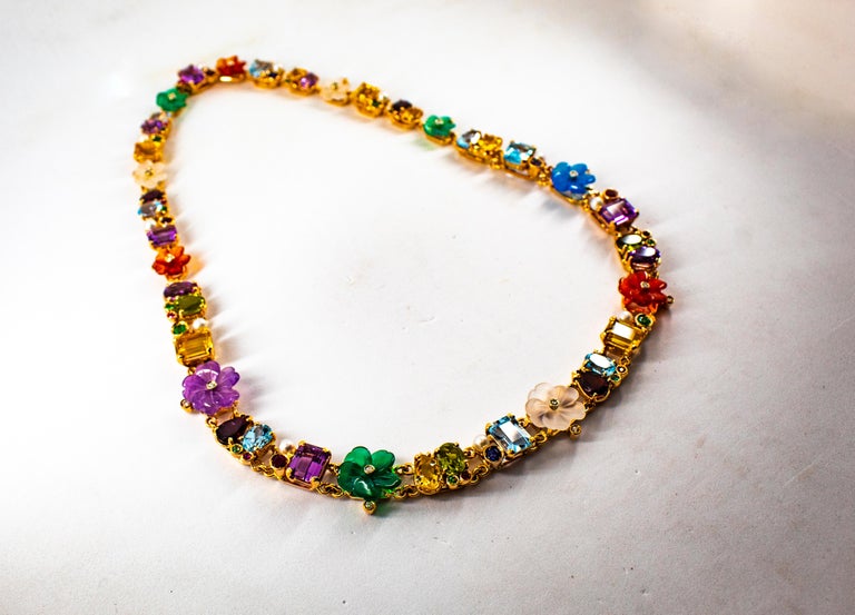 Art Nouveau Diamond Ruby Emerald Sapphire Amethyst Yellow Gold Flowers Necklace For Sale 3