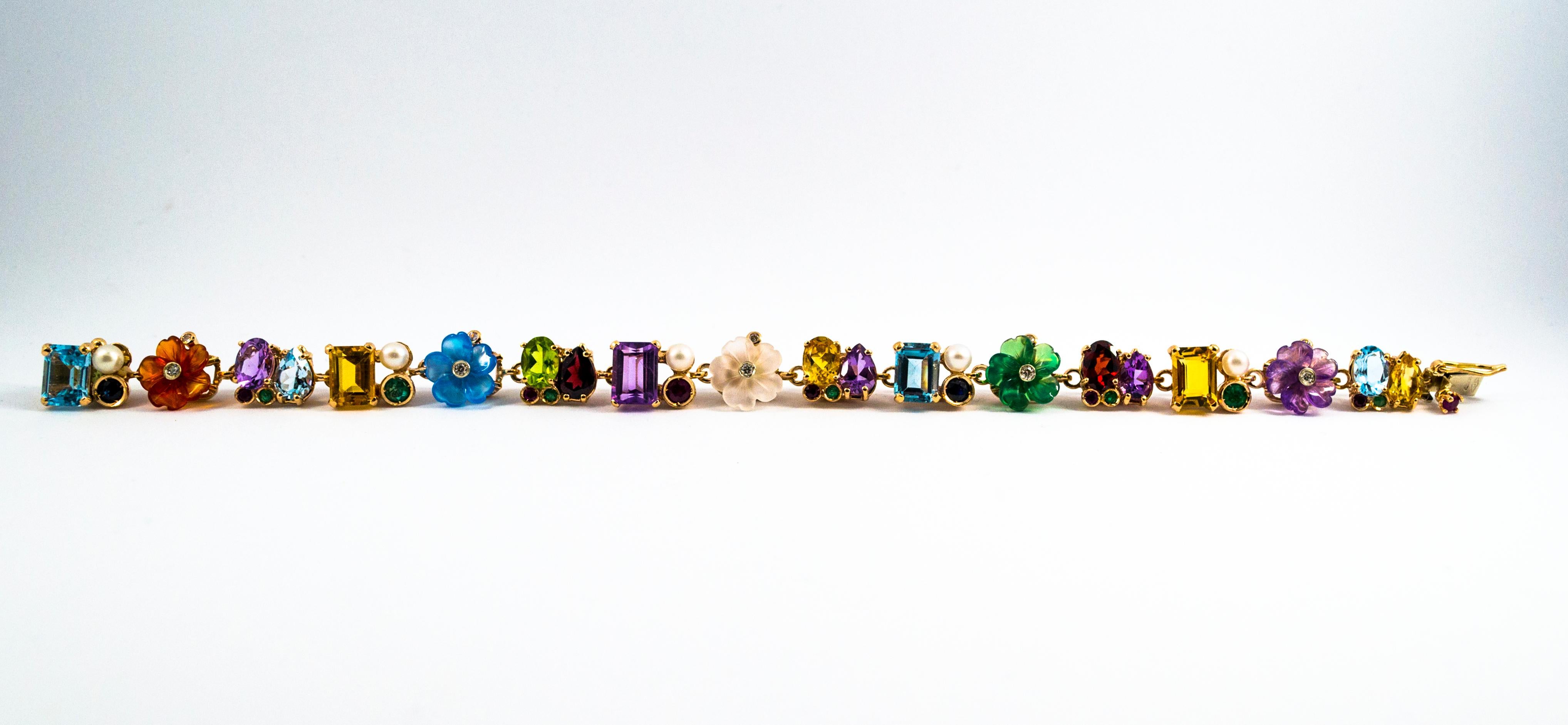 Brilliant Cut Art Nouveau Diamond Ruby Emerald Sapphire Pearl Yellow Gold Flowers Bracelet