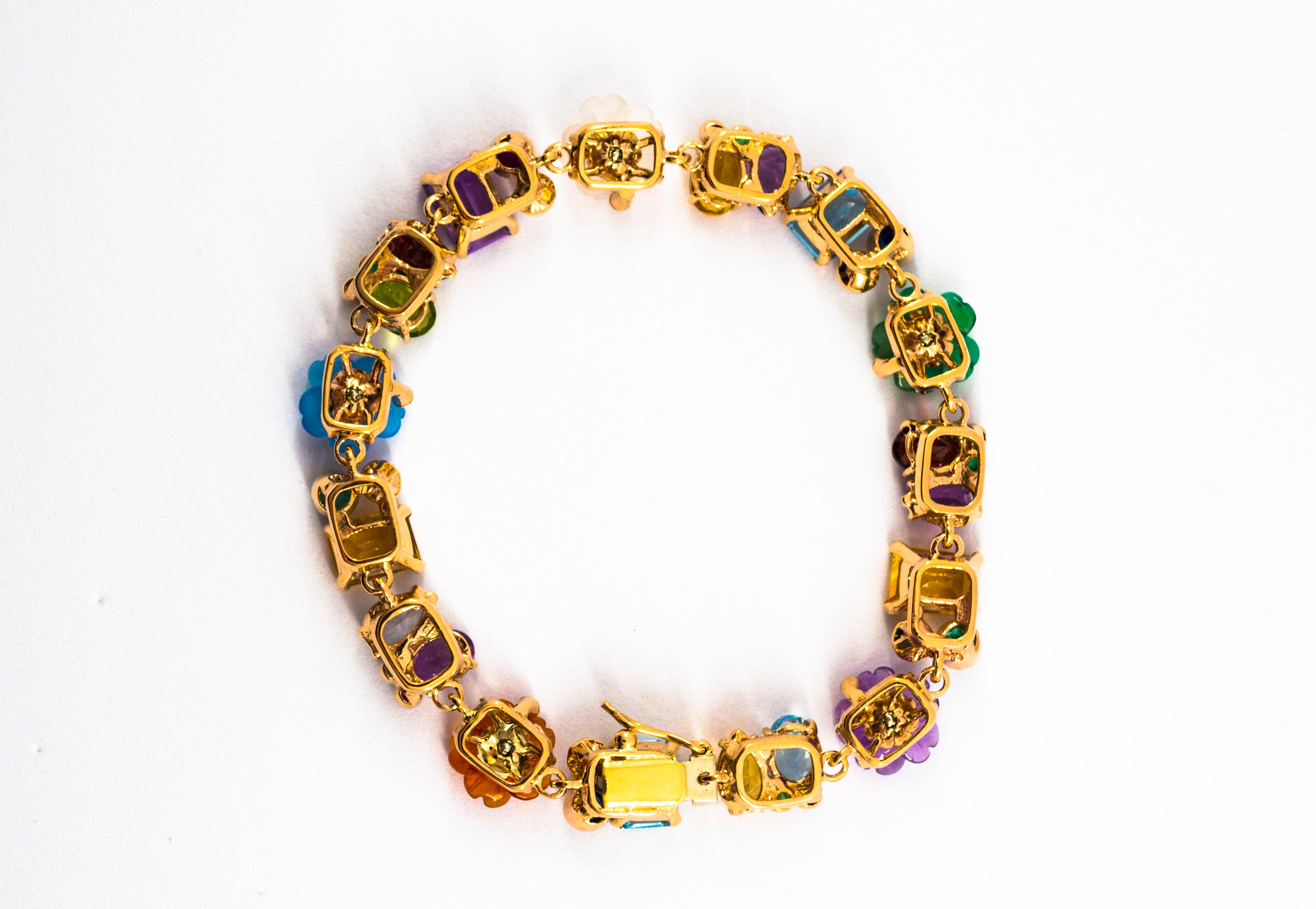 Brilliant Cut Art Nouveau Diamond Ruby Emerald Sapphire Pearl Yellow Gold Flowers Bracelet