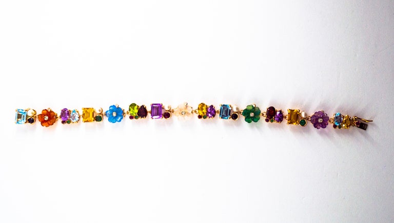 Art Nouveau Diamond Ruby Emerald Sapphire Pearl Yellow Gold Flowers Bracelet For Sale 2
