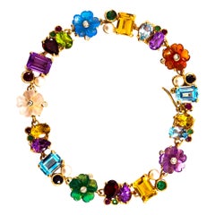 Art Nouveau Diamond Ruby Emerald Sapphire Pearl Yellow Gold Flowers Bracelet