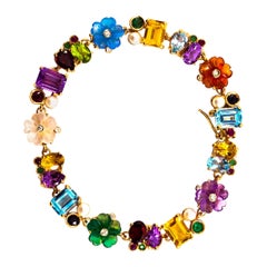 Art Nouveau Diamond Ruby Emerald Sapphire Pearl Yellow Gold Flowers Bracelet