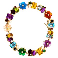 Retro Art Nouveau Diamond Ruby Emerald Sapphire Pearl Yellow Gold Flowers Bracelet