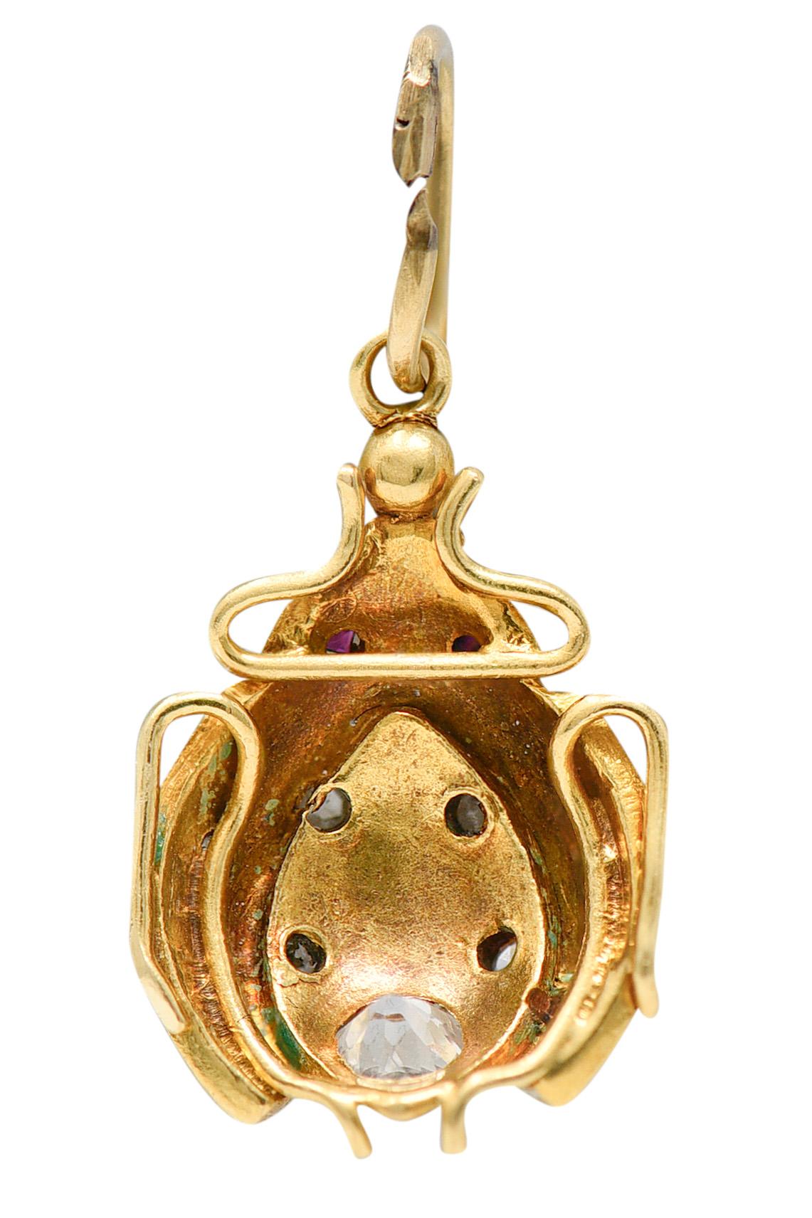 Old Mine Cut Art Nouveau Diamond Ruby Enamel 18 Karat Gold Ladybug Charm