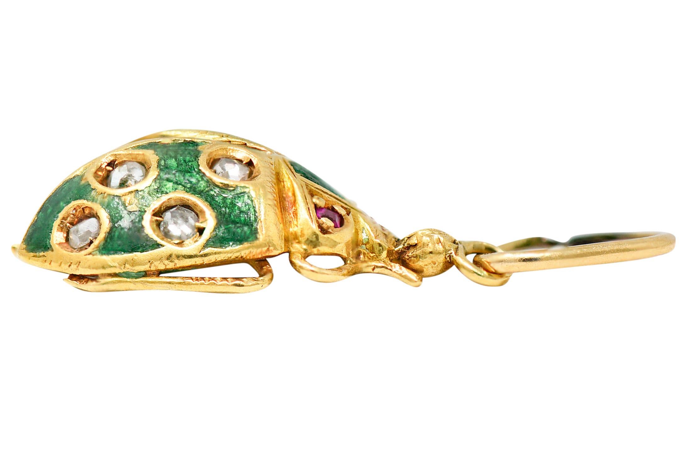 Art Nouveau Diamond Ruby Enamel 18 Karat Gold Ladybug Charm In Excellent Condition In Philadelphia, PA