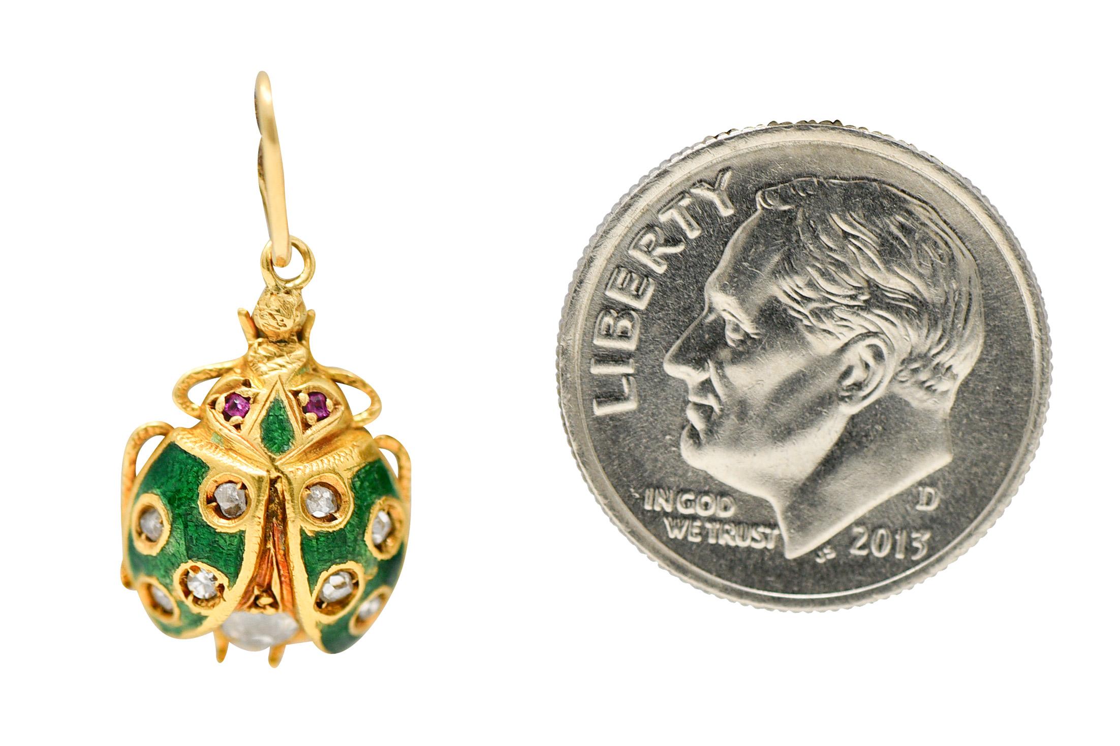 Women's or Men's Art Nouveau Diamond Ruby Enamel 18 Karat Gold Ladybug Charm