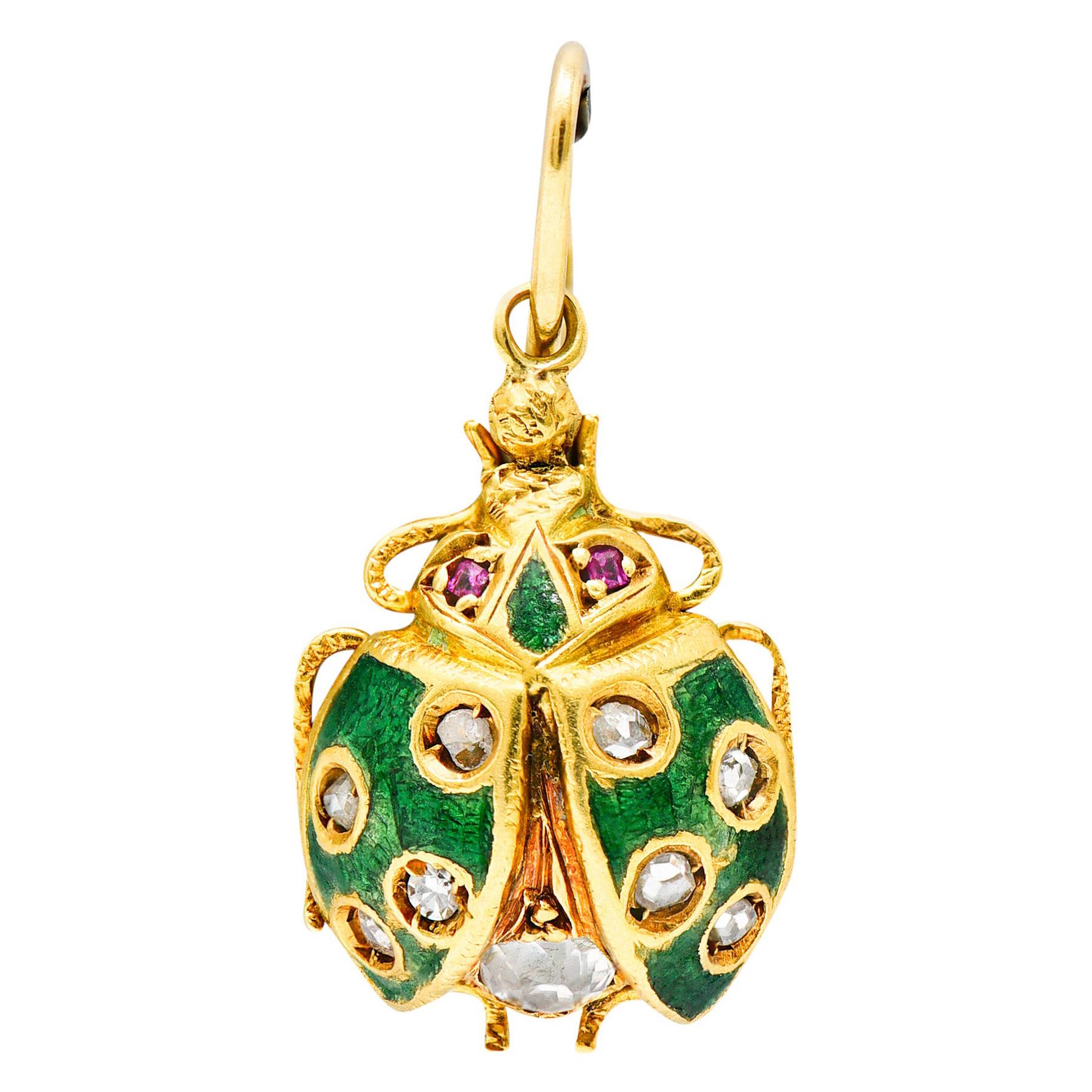 Art Nouveau Diamond Ruby Enamel 18 Karat Gold Ladybug Charm