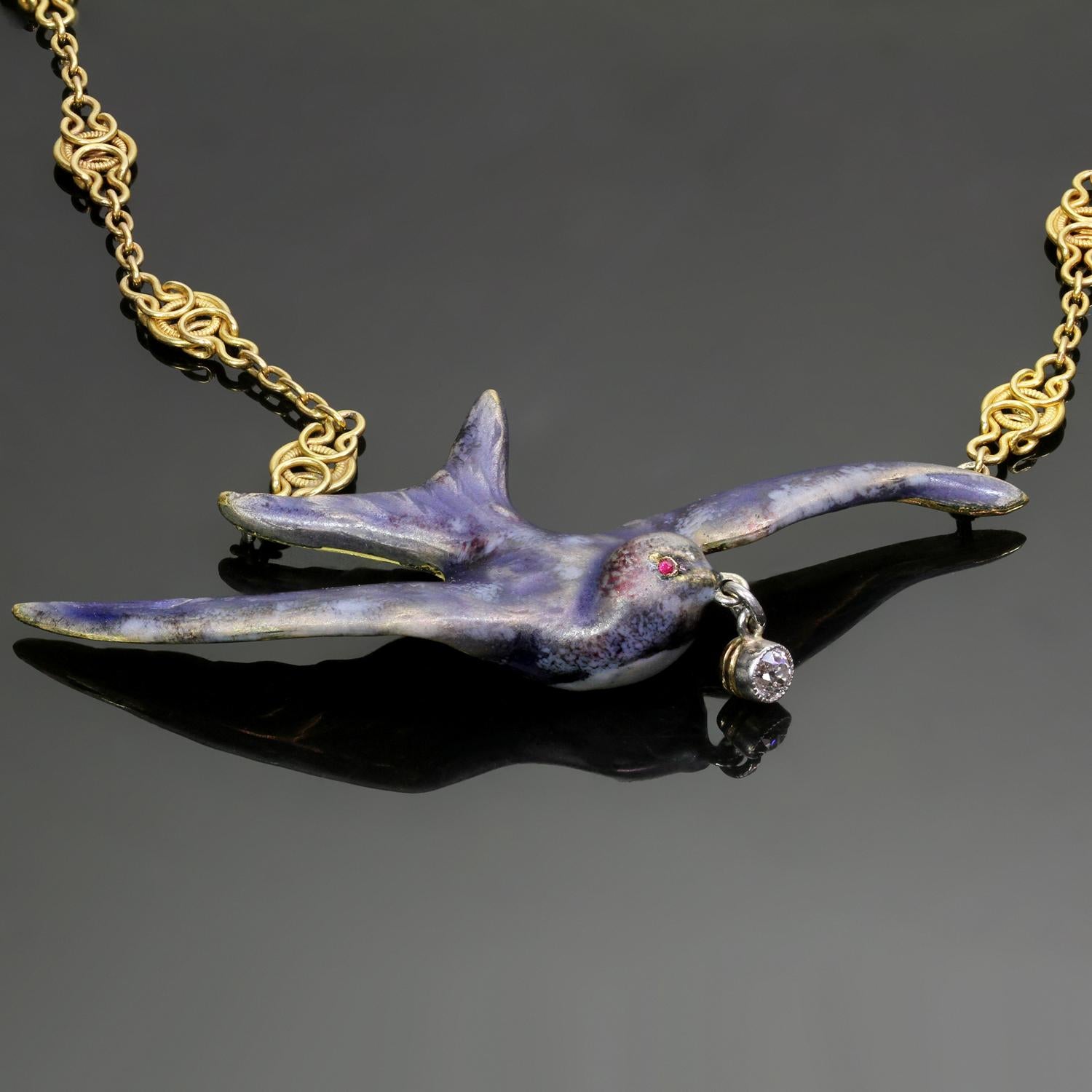 Art Nouveau Diamond Ruby Enamel Gold Platinum Swallow Bird Necklace In Good Condition In New York, NY